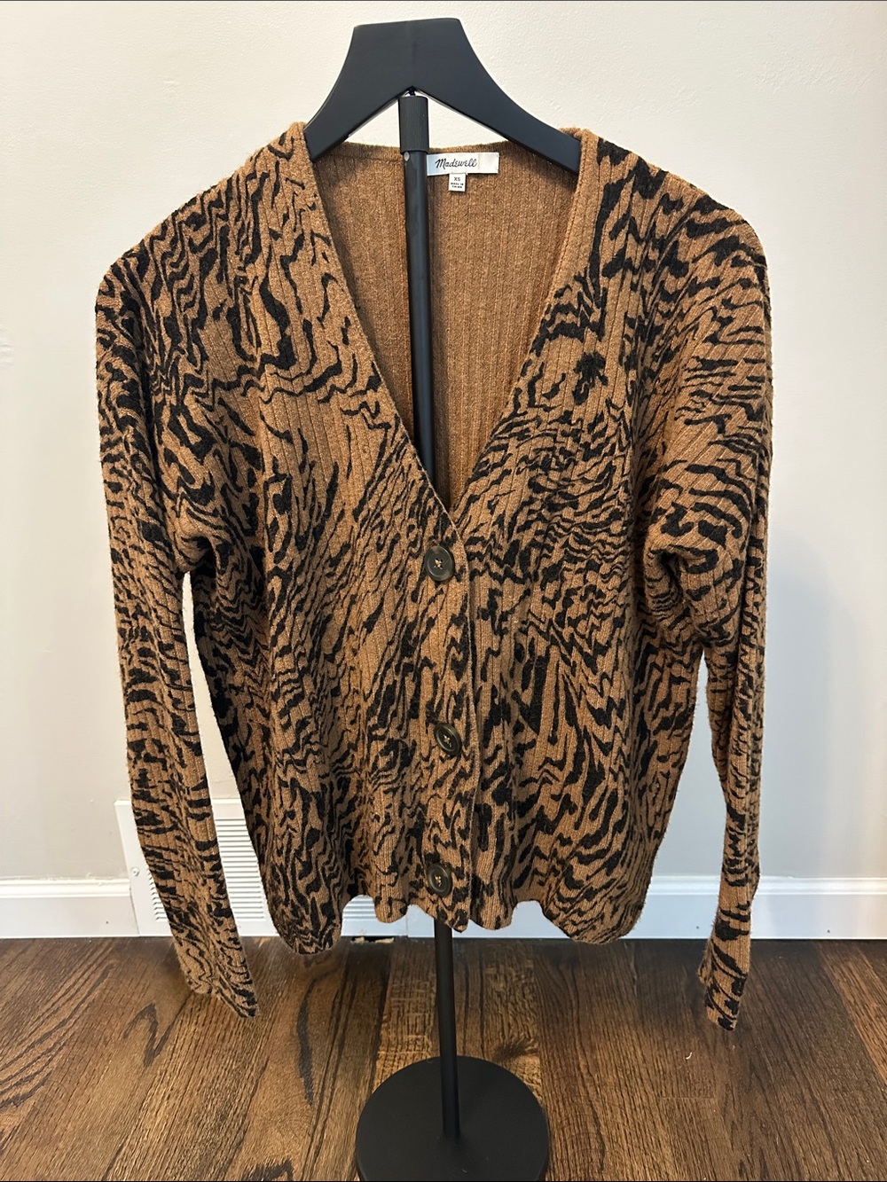 Madewell Tan and Black Animal-Print V-Neck Cardigan